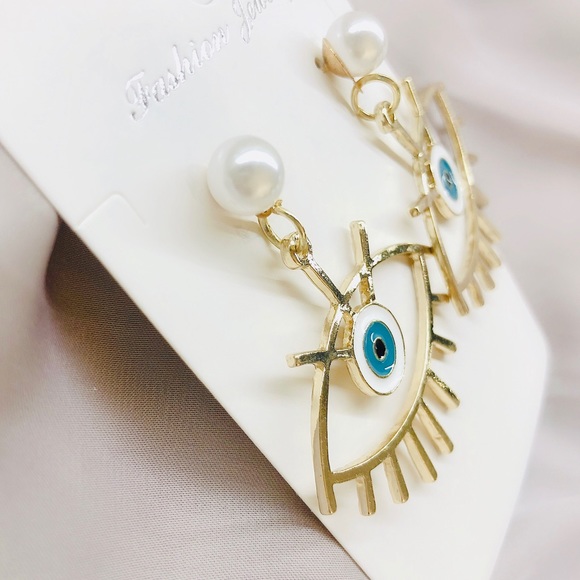 Big Blue Evil Eye Coin Drop Earrings - Picture 2 of 11